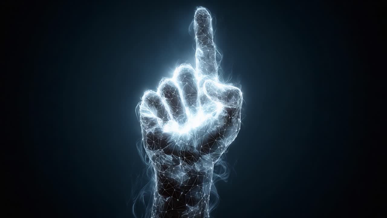 Eine futuristische Darstellung einer leuchtenden Handgeste, die Kommunikation, Ausdruck oder einen Ruf zur Aufmerksamkeit symbolisiert, gerendert in einem atemberaubenden, glitchy digitalen Stil