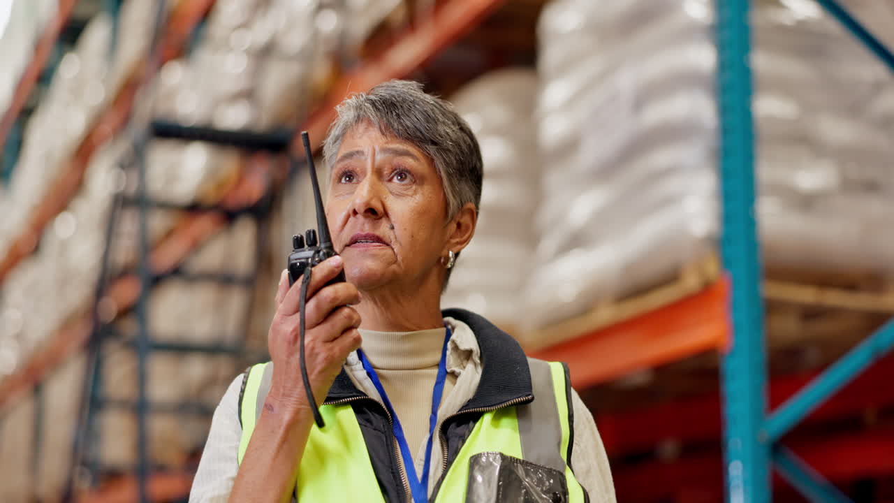 Woman in warehouse using walkie-talkie