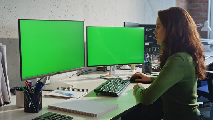 Zwei Chroma Key Displays stehen auf dem Bürotisch und zoomen heraus. Eine Person, die Retuschiert.