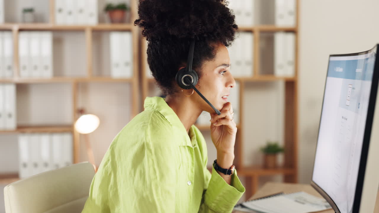 Black woman, call center and computer screen