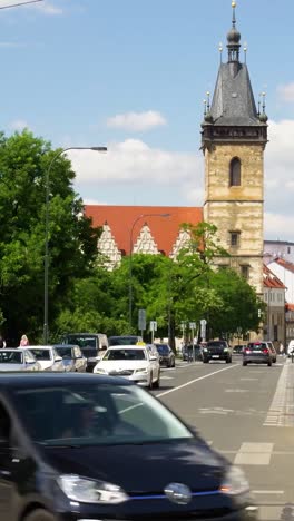 prague city street scene with traffic and architecture