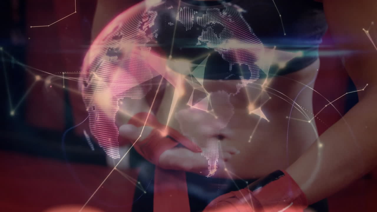 Woman adjusting hand wraps in boxing gym, showcasing tech holographic globe with connection lines