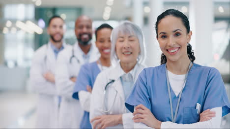 Crossed-arms,-success-and-face-of-group-of-doctors