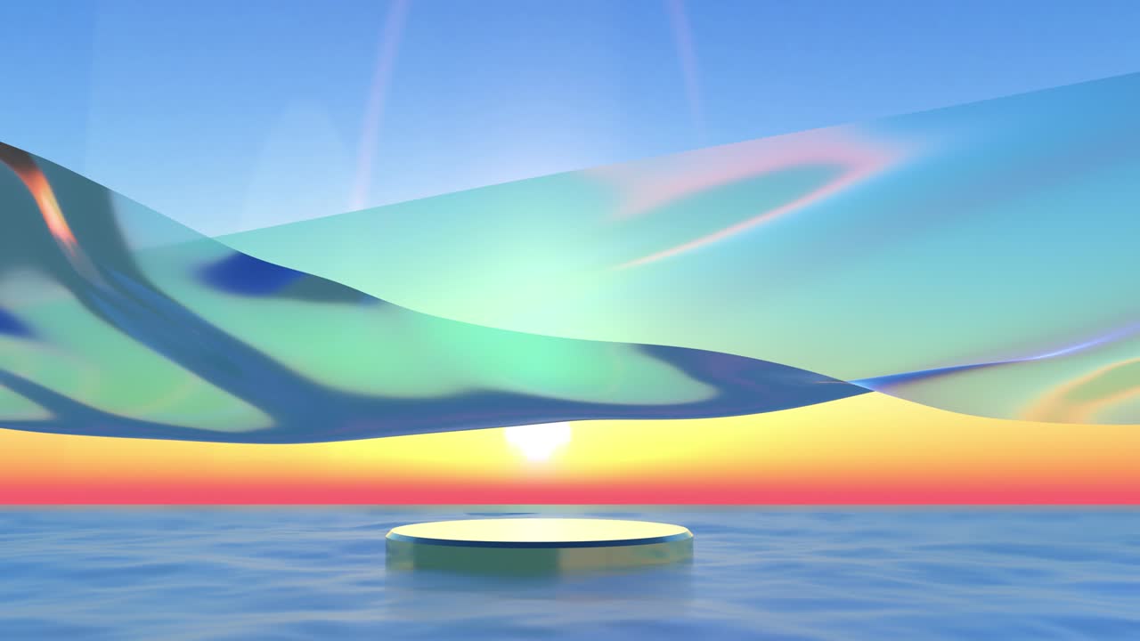 Et podium i havet ved solnedgang og et gennemsigtigt stof, der flagrer i vinden