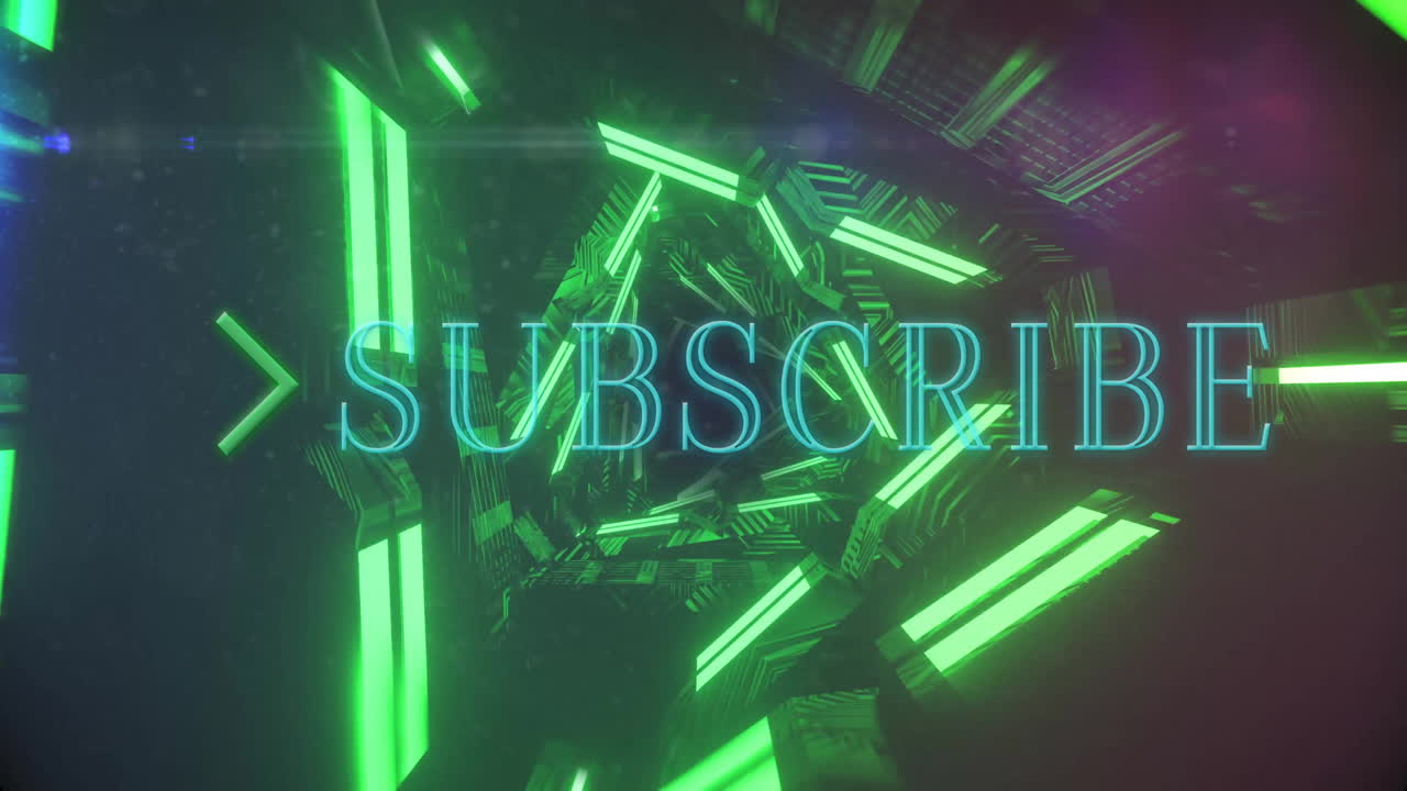 Neon green geometric shapes with glowing Subscribe text animation in background