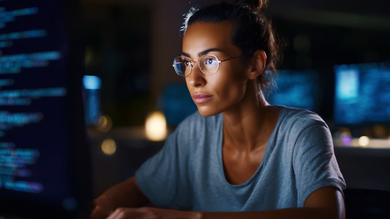 Focused Individual Engaged in Programming at Night, Illuminated by Computer Screens in a Modern Workspace, Capturing the Essence of Digital Creativity and Concentration