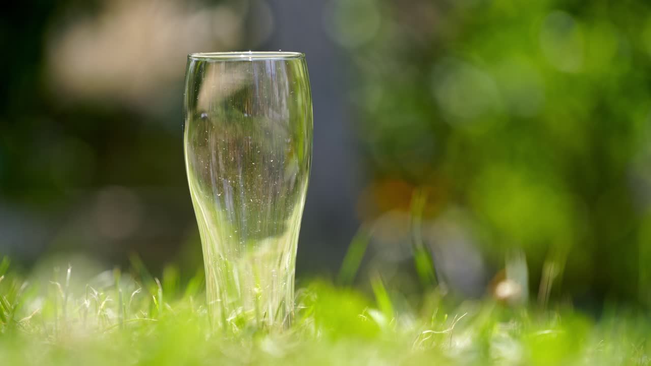 Dirty empty glass after beer on a grass. Glass without any drink on green grass background in summer. Close-up.