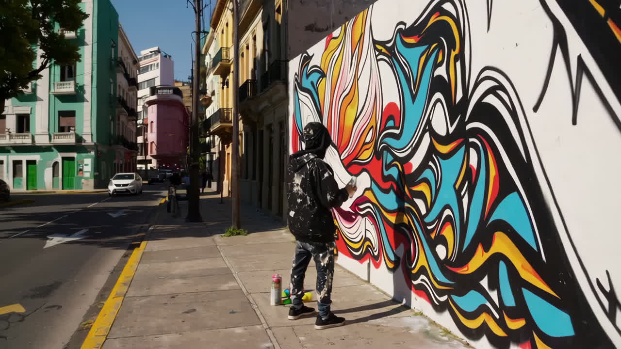 Artista di strada che dipinge un murale su un muro della città
