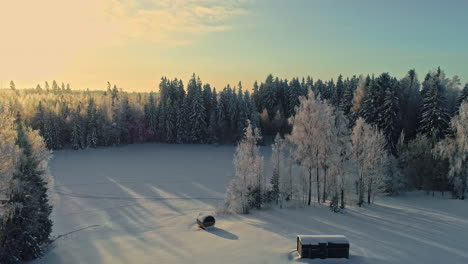 Sauna-Remota-Y-Majestuoso-Paisaje-Forestal-En-Temporada-De-Invierno,-Vista-Aérea