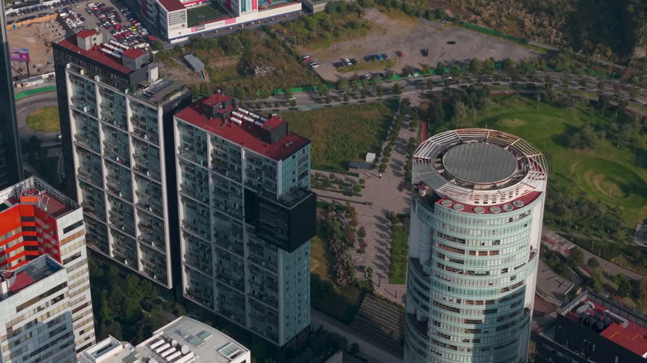 Luxury urban area of Santa Fe, CDMX, seen from a drone perspective