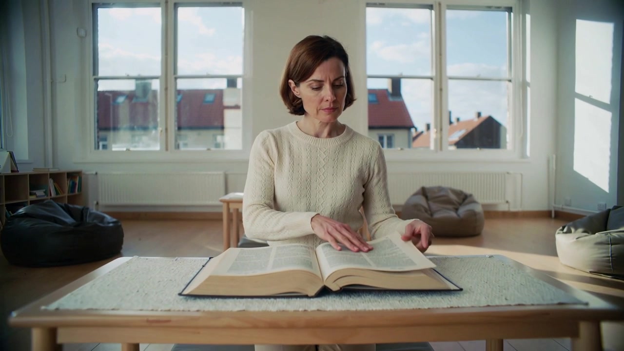 Donna con maglia color crema inginocchiata su un cuscino, con le mani su un libro, sfoglia le pagine leggendo, in una stanza luminosa.
