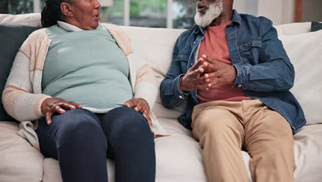 talking, fight and a couple on a sofa for therapy