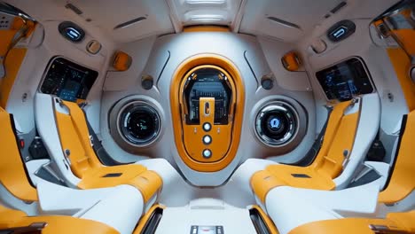 a view of the interior of a futuristic car with yellow seats