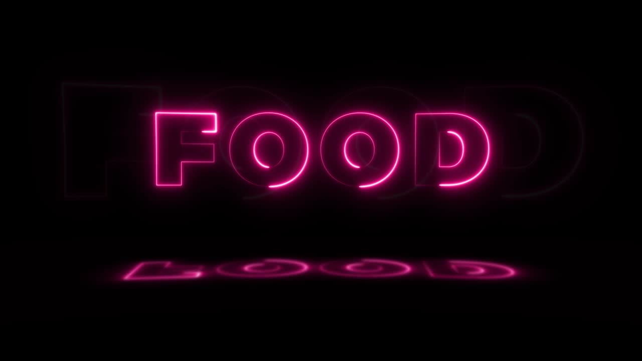 la palabra "comida" brilla en neón sobre un fondo negro con reflejos en el suelo. letreros de brillo de neón en gráfico de movimiento de bucle sin costuras