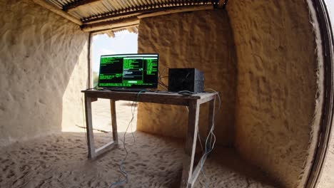 computer with green terminal display on a wooden table inside a clay hut. wires hanging from the setup create a contrast between technology and traditional architecture