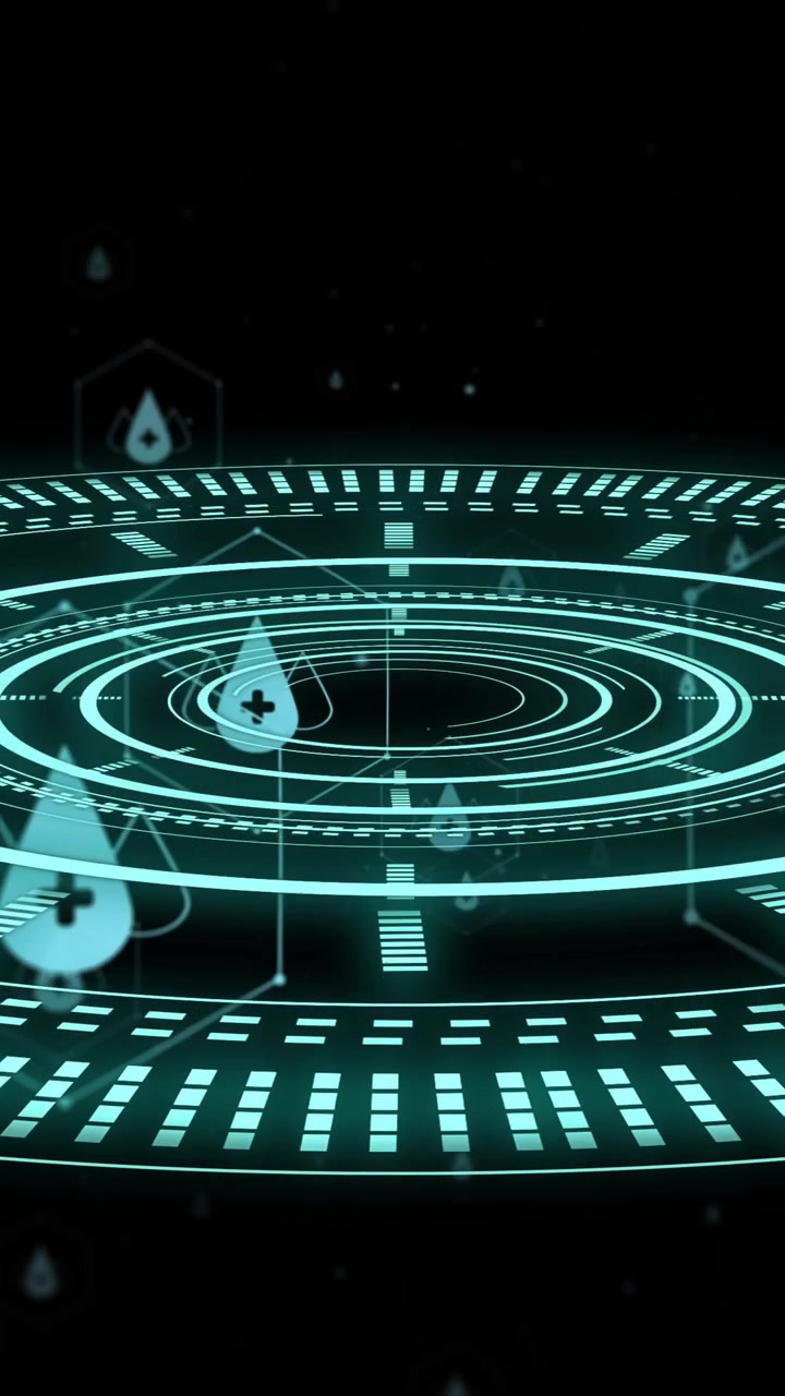 Medical data processing animation with blood drop icons over digital interface