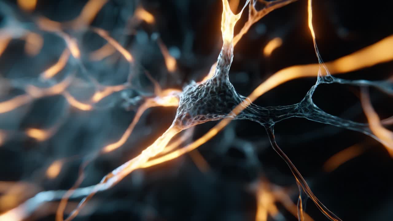 Intricate biological animation showing a neuron cell firing electrical signals through its complex network of dendrites and axons, visualizing brain activity, memory, and cognitive functions