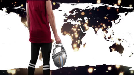 holding football helmet, person standing in front of illuminated world map animation
