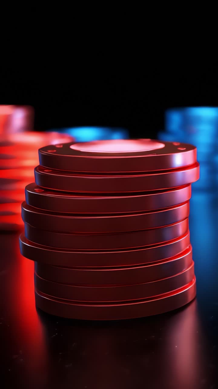 A Close-Up View of Stacked Red and Blue Gaming Tokens on a Dark Surface Highlighting Their Glossy Texture and Contrasting Colors in a Visually Striking Composition