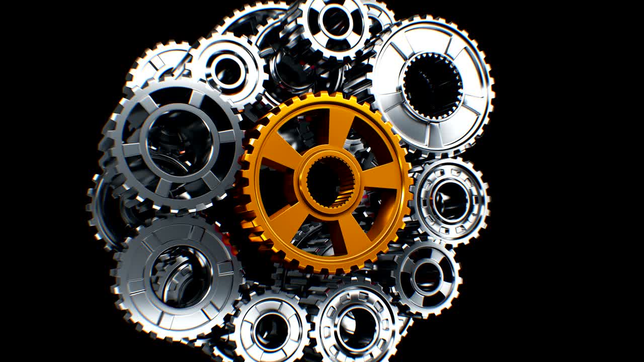 mecanismo de engranajes metálicos de pie ocioso hasta que aparezca una nueva rueda dentada y el sistema de reparación funcione correctamente. animación 3d pantalla verde alfa. trabajo en equipo concepto de negocio y tecnología.