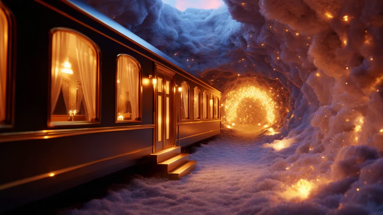 A Train Journey Through a Mystical Cloud Tunnel: Captivating Illumination and Enchanting Atmosphere in a Dreamlike Setting of Soft Lights and Textures