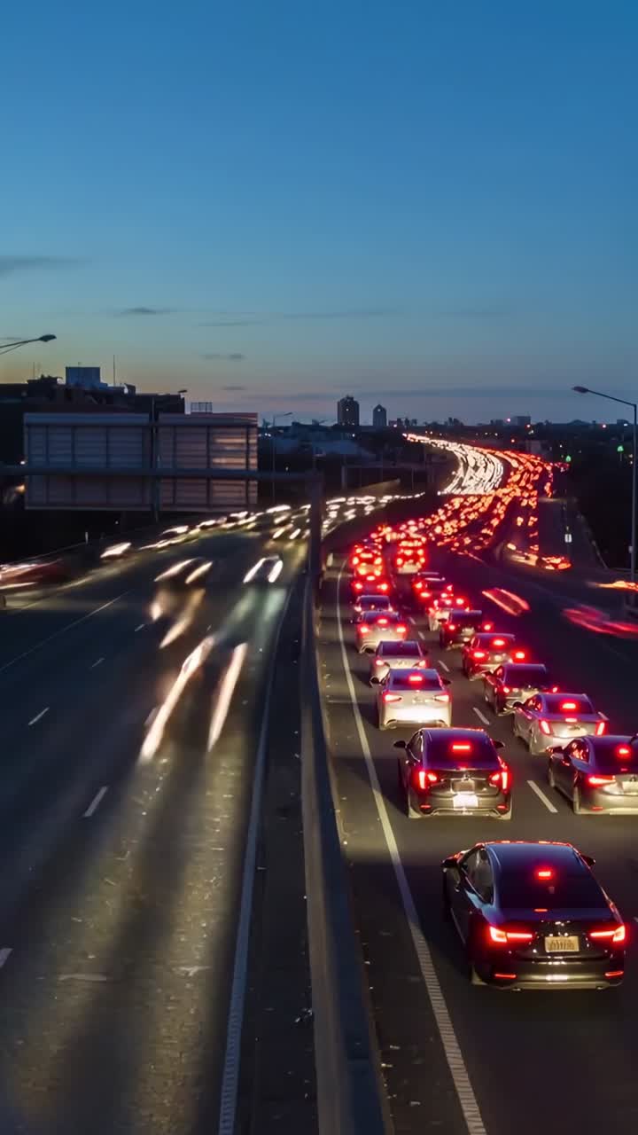 Video verticale: Crepuscolo che scende, vista da un cavalcavia che mostra la coda di luci posteriori dell'autostrada e scie di luce a sinistra
