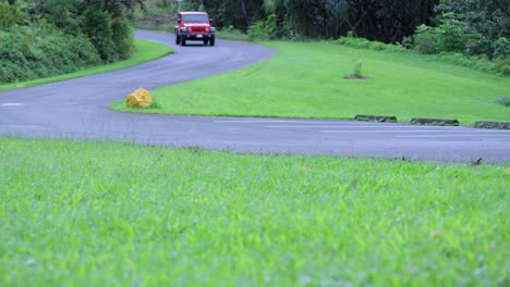 Bright-Orange-Jeep-Wrangler-drives-down-a-windy-road-through-a-green-park