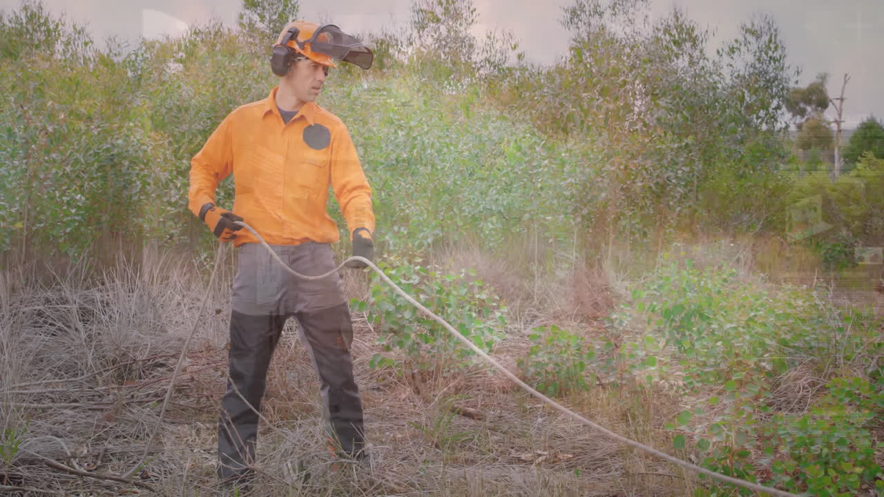 Forestry worker handling rope in brush clearing, showing animated safety icons and tool metrics