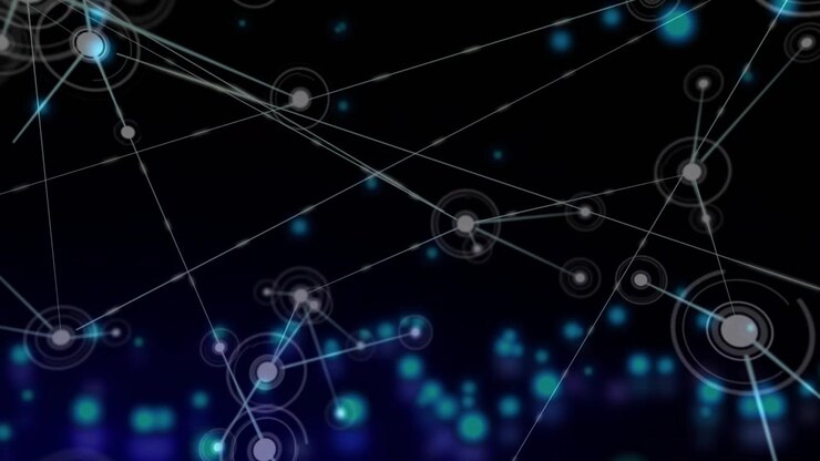Central node appearing, network expanding, nodes pulsing and points moving to show data flow