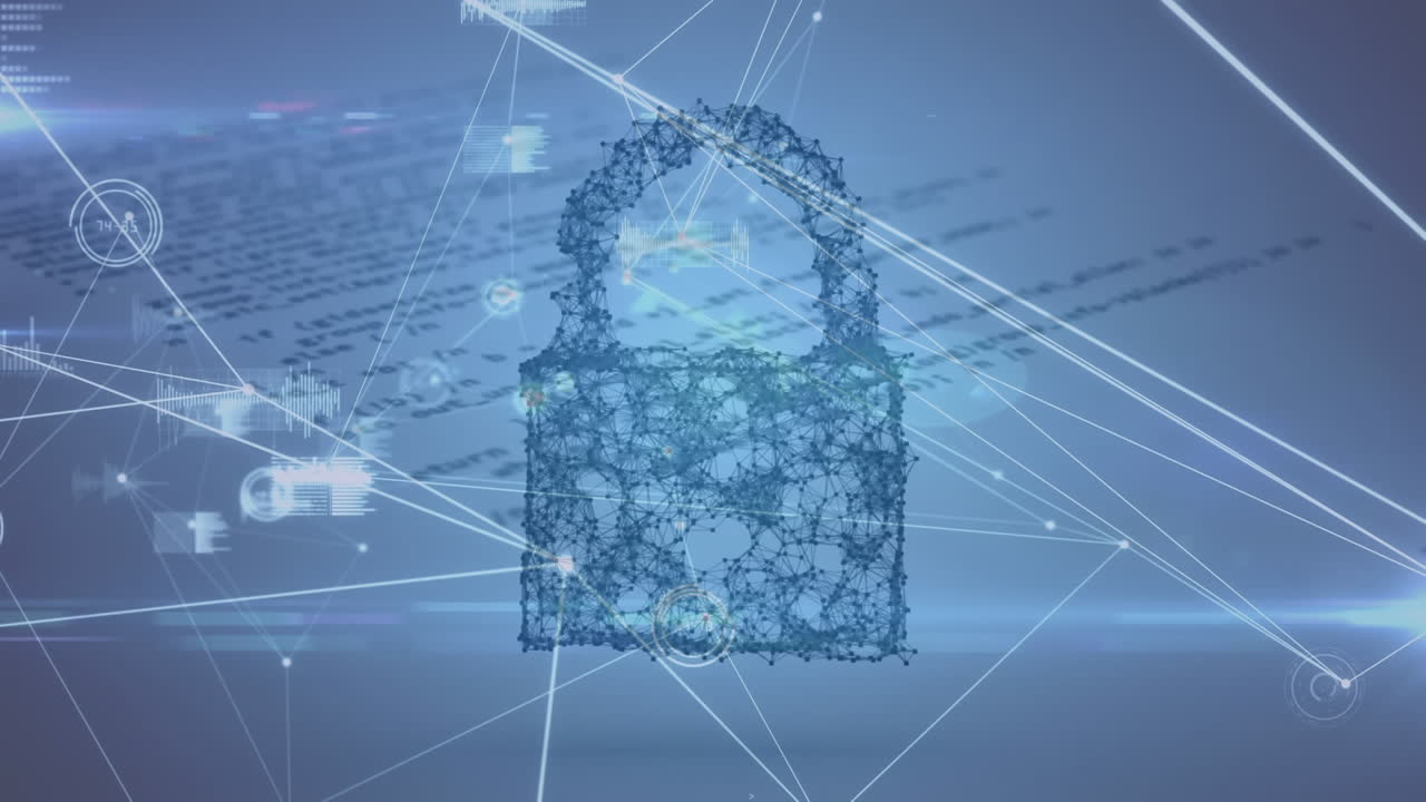 Animation of online security padlock, networks of connections over data processing