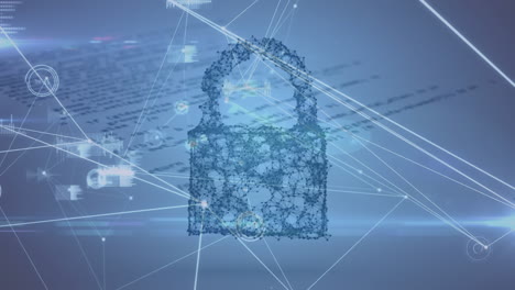 animation of online security padlock, networks of connections over data processing