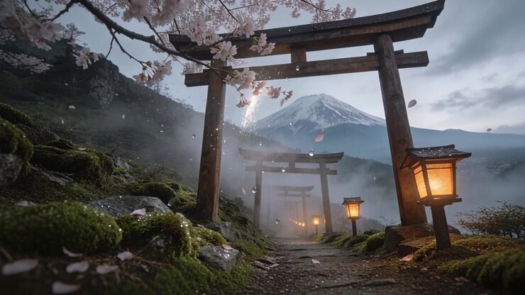 Brezza che libera petali mentre i torii centrali guidano lungo un sentiero di montagna verso una vetta innevata, lanterne