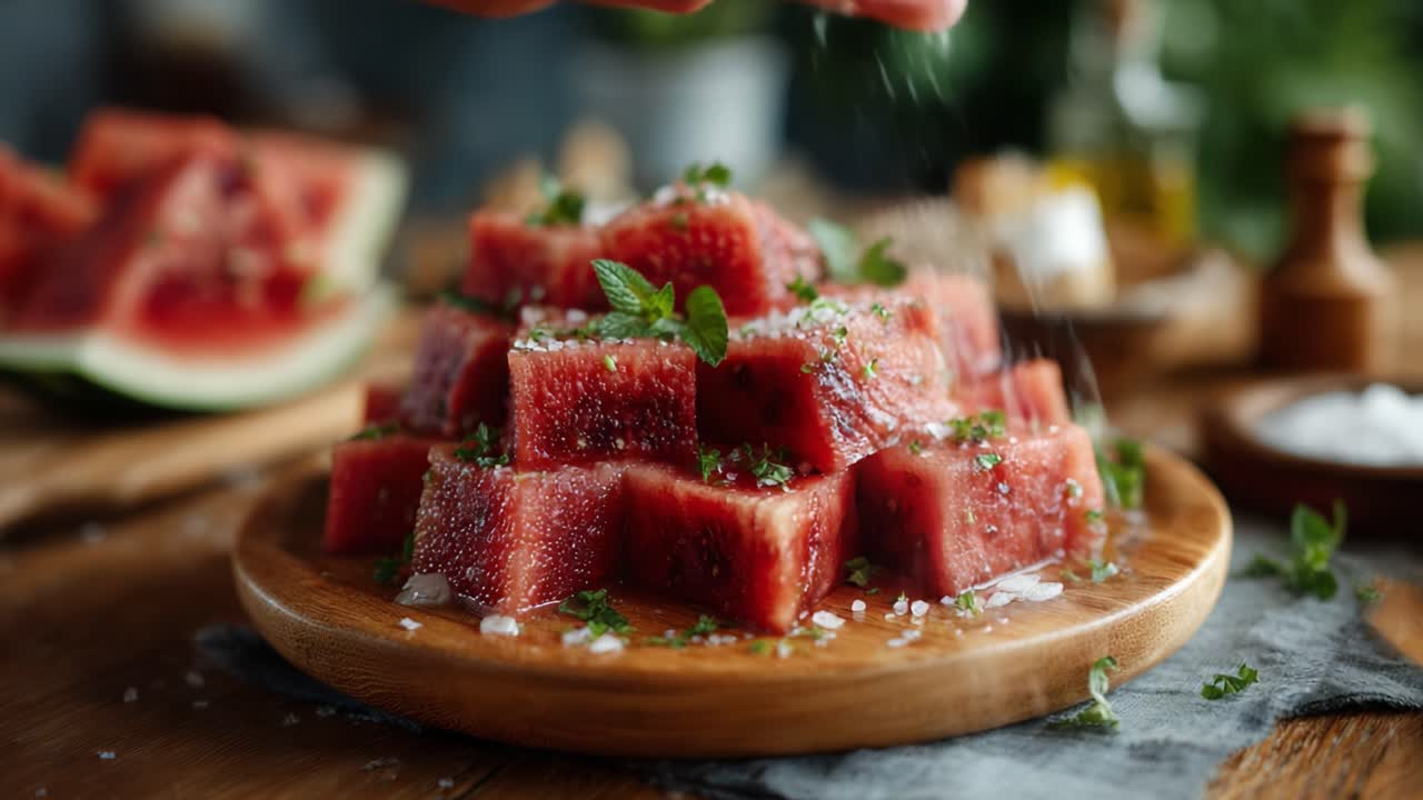 Refreshing Watermelon Cubes Garnished with Fresh Herbs and Sea Salt on a Wooden Plate, Perfectly Arranged for a Summer Delight