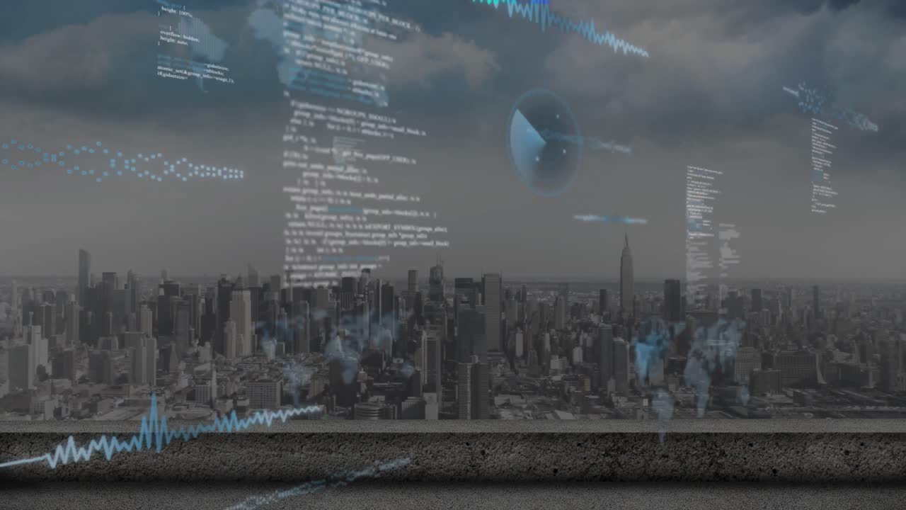 도시 풍경의 공중 전망에 대한 데이터 처리 애니메이션