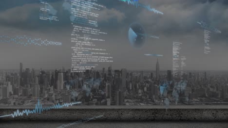 animación del procesamiento de datos frente a una vista aérea del paisaje urbano