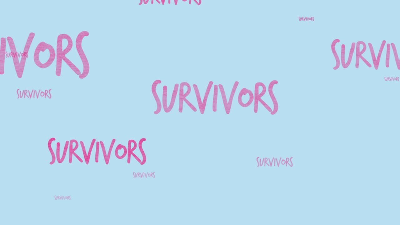 Animation of multiple pink survivor text flying on blue background