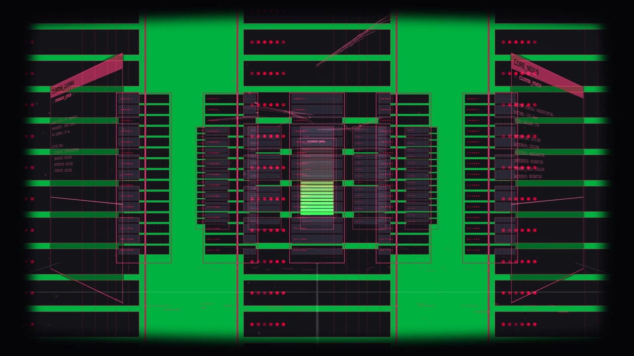 Nucleo verde che pulsa, rack magenta che si espandono, mostrando HUD, esplodendo e ricongiungendosi per un audit, su sfondo trasparente.