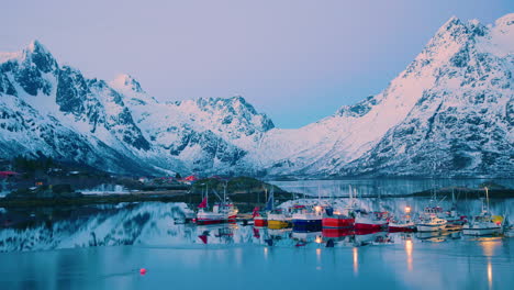 Stunning-dusk-shot-of-fishing-boats-in-Lofoten,-Norway