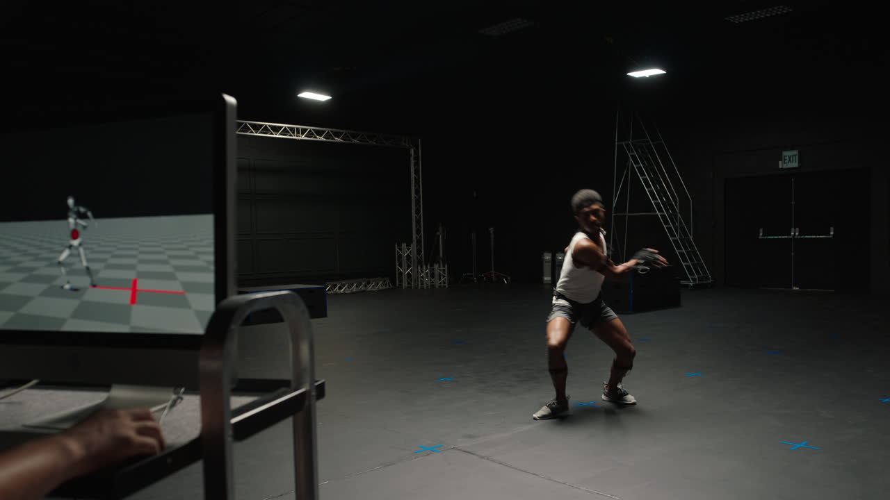hombre bailando con traje de captura de movimiento en el estudio actor con traje de mo-cap para animación de personajes en 3d para la tecnología de realidad virtual