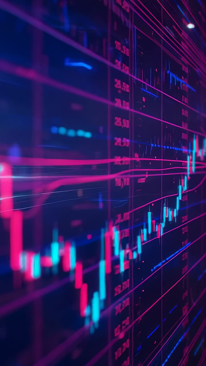 Vertical video: Panning camera showing chart on desk monitor revealing neon bars and magenta lines