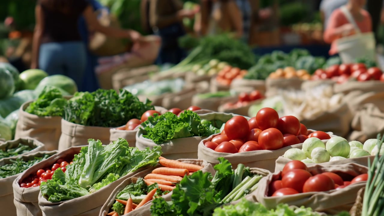 Cena de mercado em ângulo baixo mostrando fileiras de vegetais frescos dispostos em cestos de tecido na banca do vendedor enquanto compradores procuram por perto sob a luz do dia brilhante ao ar livre, com detalhes de vegetais, produtos, mercado e banca.