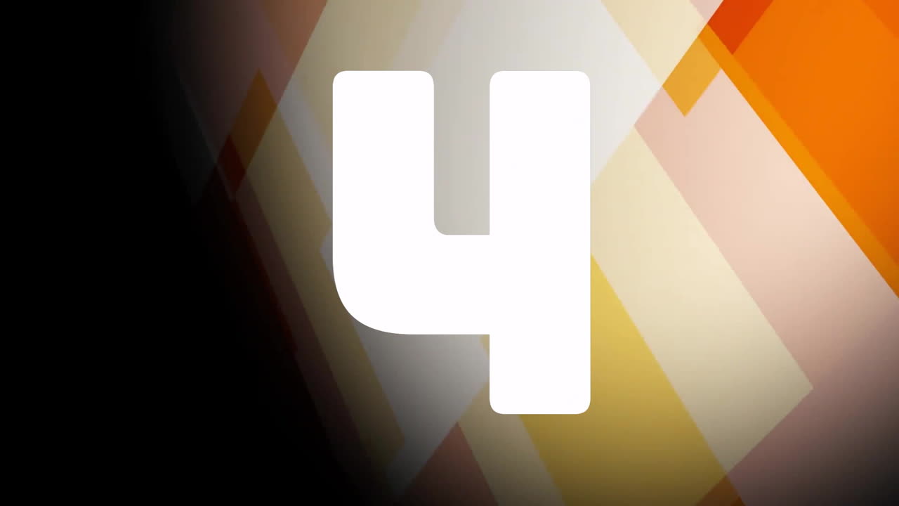 Number 5 animation over abstract geometric background with orange and beige shapes