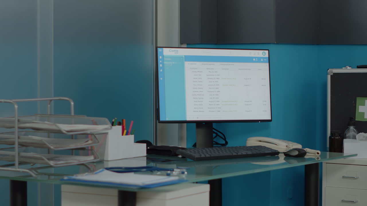 Close up of empty desk for nurses with computer monitor