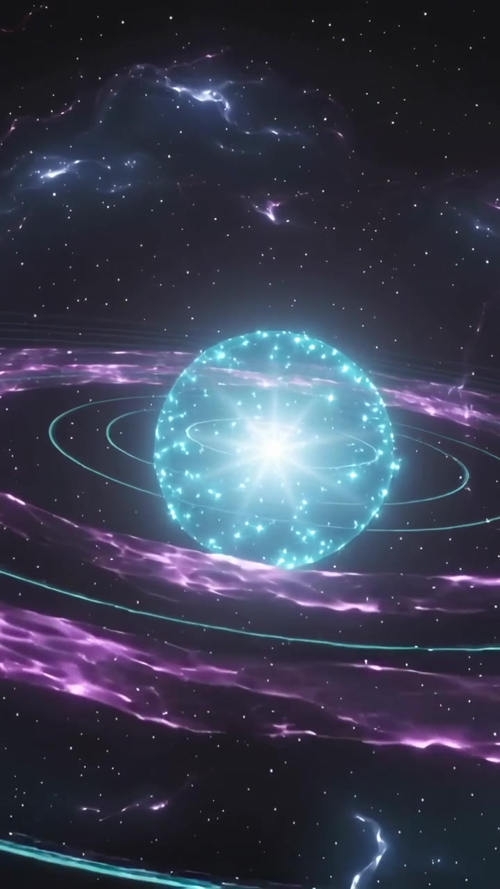 Video verticale: Una sfera color verde acqua pulsante che emette un bagliore, generando un nastro viola nello spazio e anelli che si increspano.