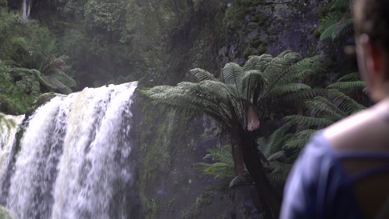 cascada que fluye entre helechos en la selva con mujer admirando