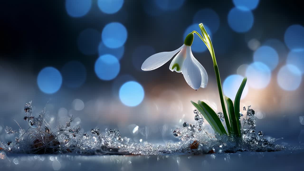 A Delicate Snowdrop Blossom Surrounded by Glimmering Dewdrops, Captured in a Stunningly Ethereal Scene that Highlights the Beauty of Nature's Rebirth in Spring with Soft Bokeh Effects in the Background