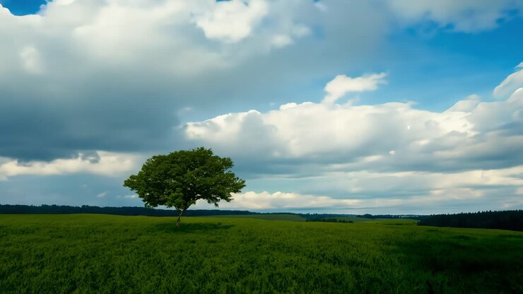 A lone tree stands tall in a field of green grass under a blue sky with white clouds