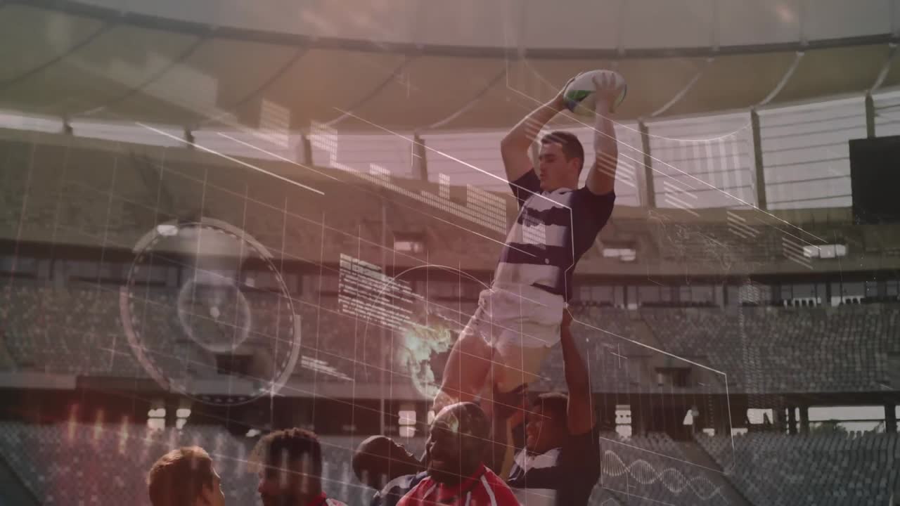 animación de procesamiento de datos y jugadores de rugby sobre el estadio deportivo