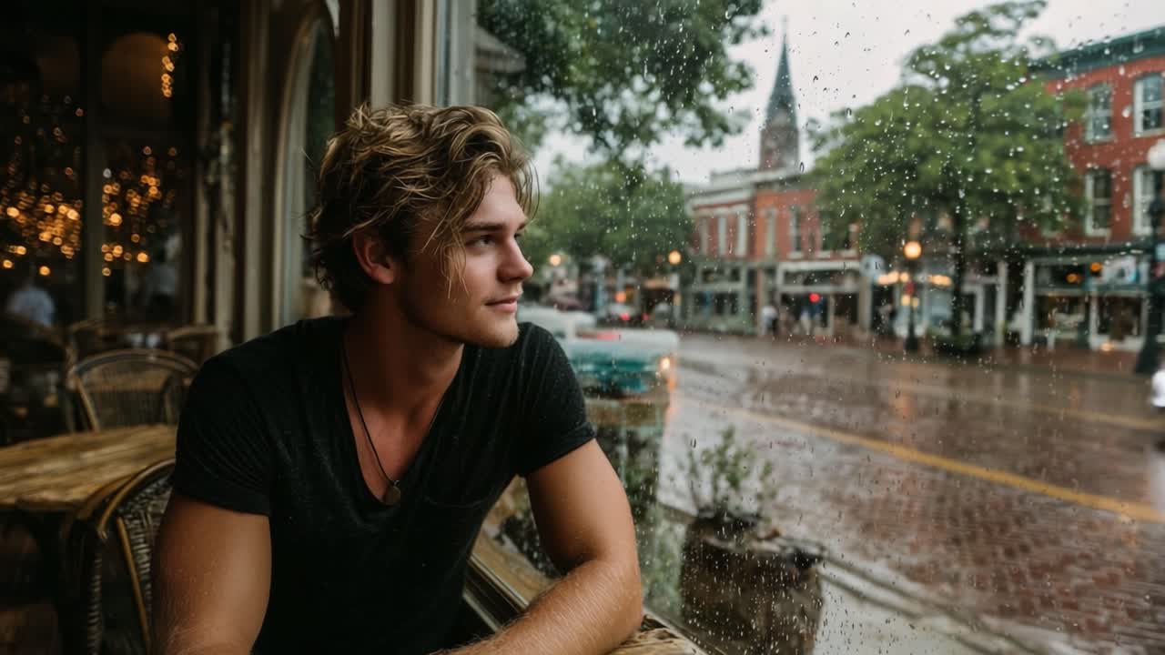 Contemplative Moments: A Young Man Gazes Out the Rain-Splattered Window, Reflecting on Life's Beauty Amidst the Bustling City Street and Soft Sound of Raindrops