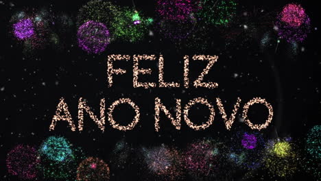 animación de felicitaciones de texto de feliz año nuevo sobre fuegos artificiales